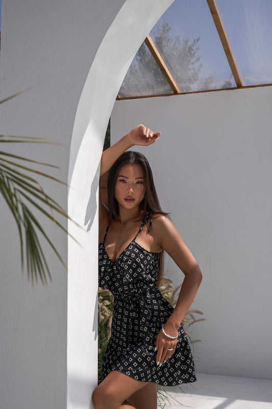 Black Silk Wrap Sundress with White Pattern